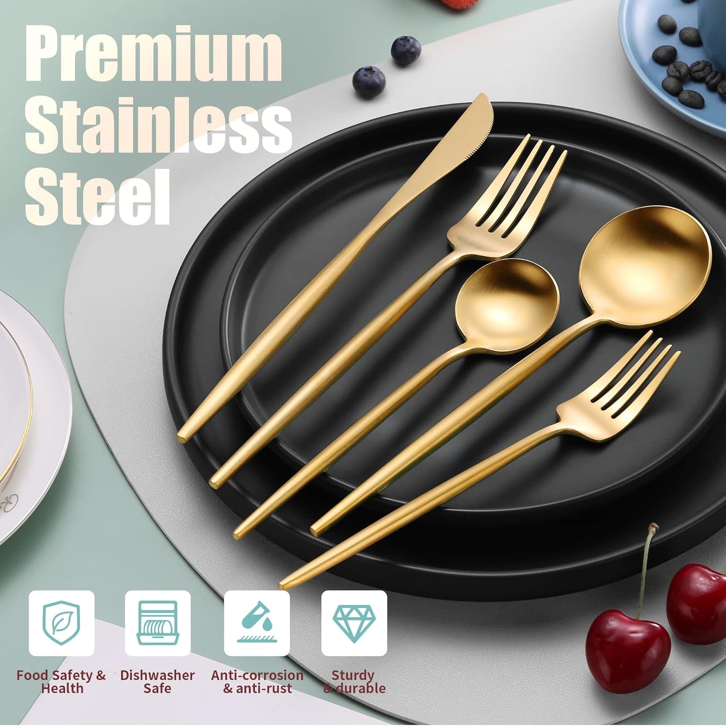 Matte Gold Silverware Set for 6,Modern Stainless Steel Brushed Cutlery Set,30-Pieces Heavy Duty Flatware Set,Knives Spoons and Forks Set Utensils Set,Satin Finish,Dishwasher Safe