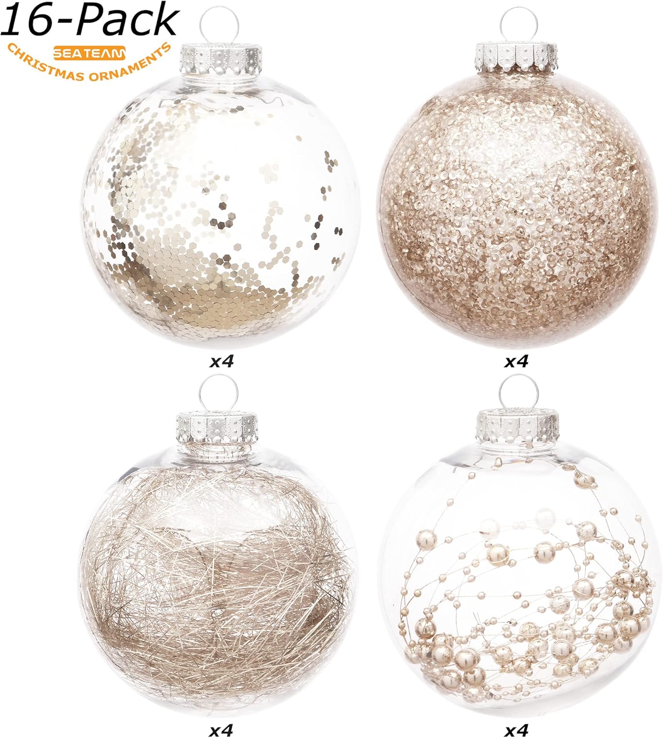 Sea Team Shatterproof Clear Plastic Christmas Ball Ornaments Decorative Xmas Balls Baubles Set with Stuffed Delicate Decorations (100mm/3.94 inch 16-Pack, Champagne)