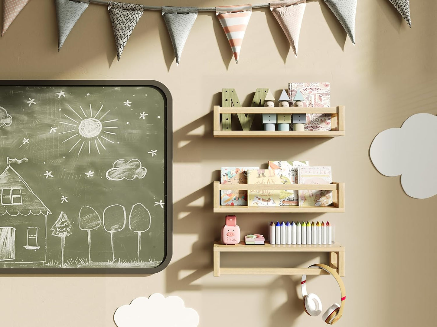 Upgraded Thick Floating Shelves - Multi-Use Wall-Mounted Bookshelves for Kids and Nursery, Ideal for Books, Toys, Spice Rack, Decor - NaturalWood