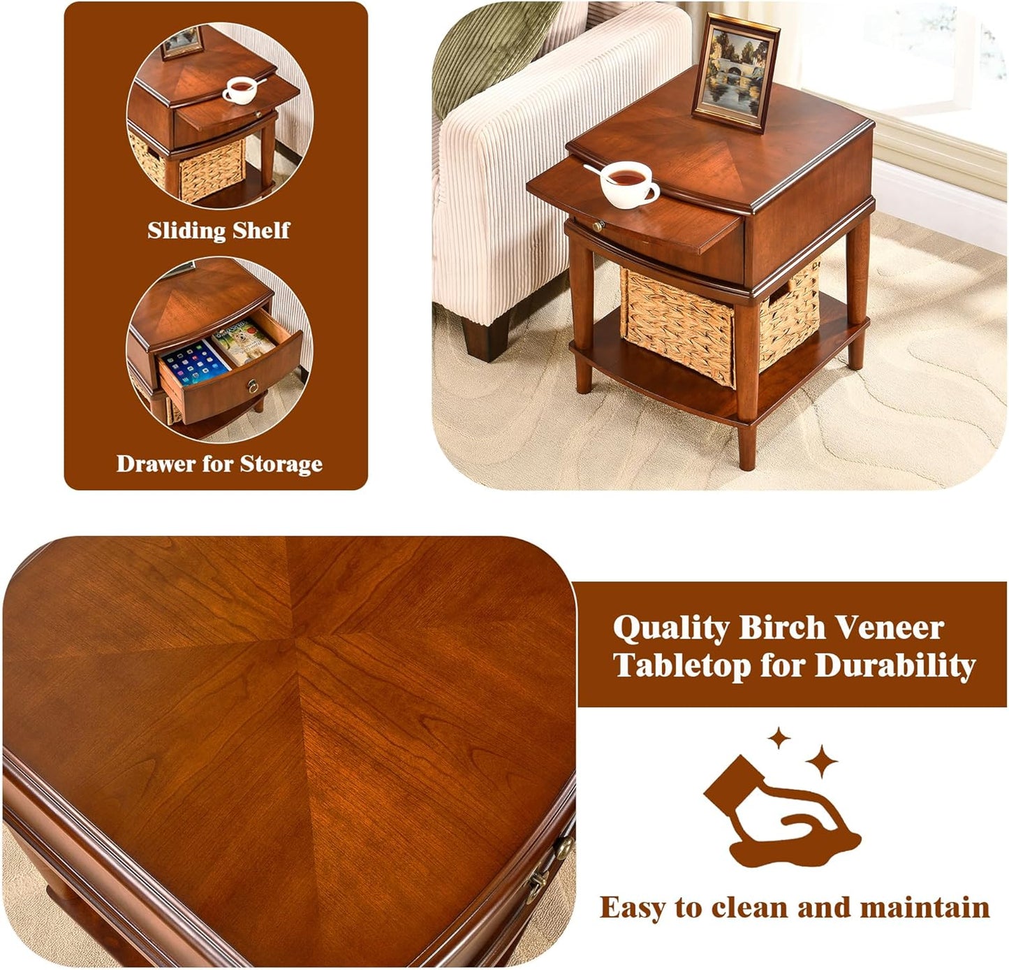 Set of 2 Solid Wood Square End Table with Drawer, 2 Tier Wooden Sofa Side Table with Sliding Shelf & Lower Shelf, Nightstand Bedside Table for Living Room Bedroom, 19.7x17.7x22.8in