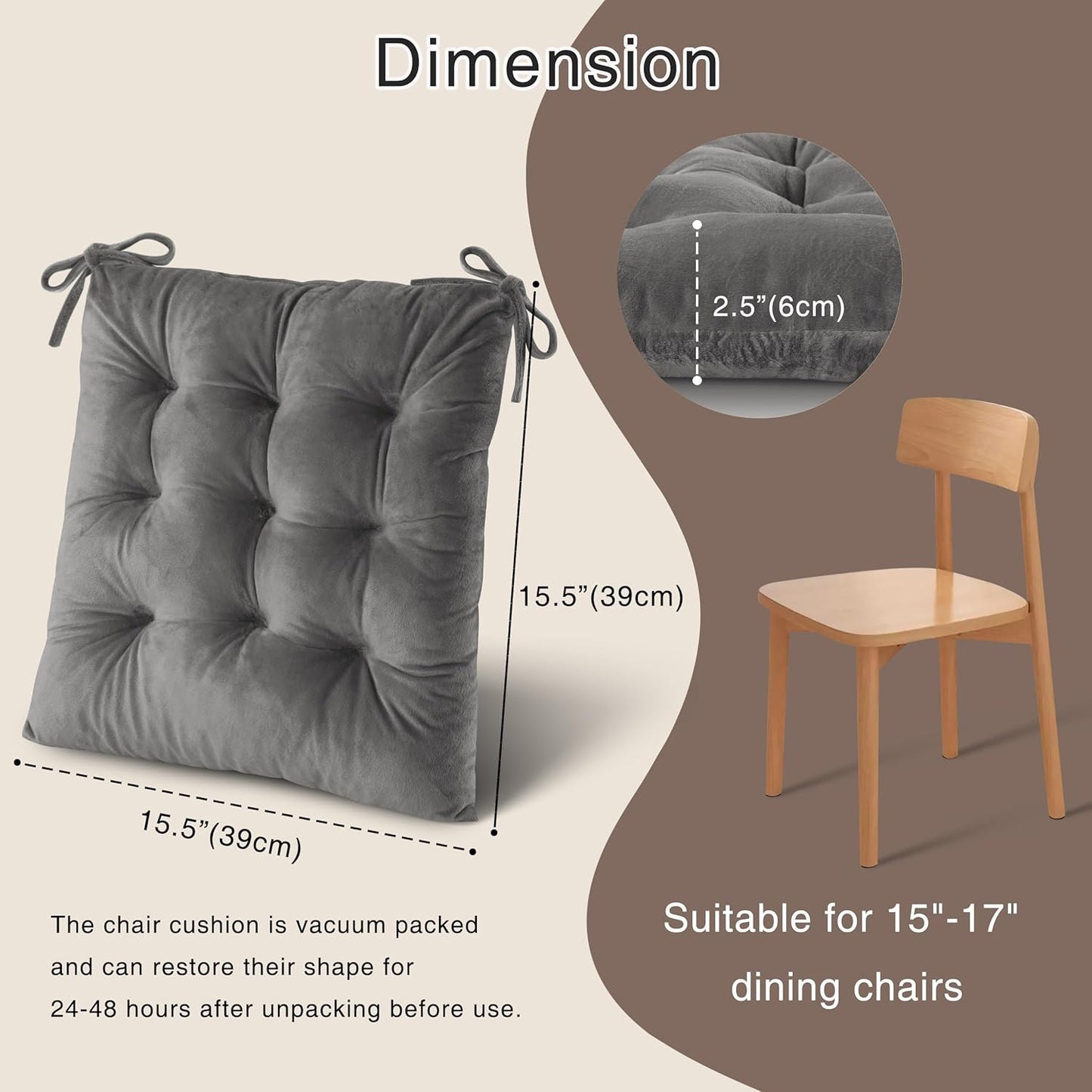 OVOV Chair Cushions for Dining Chairs Set of 6 Tufted Indoor Chair Pads with Ties Soft Square Seat Cushions for Kitchen Chairs 15.5"x15.5",Grey