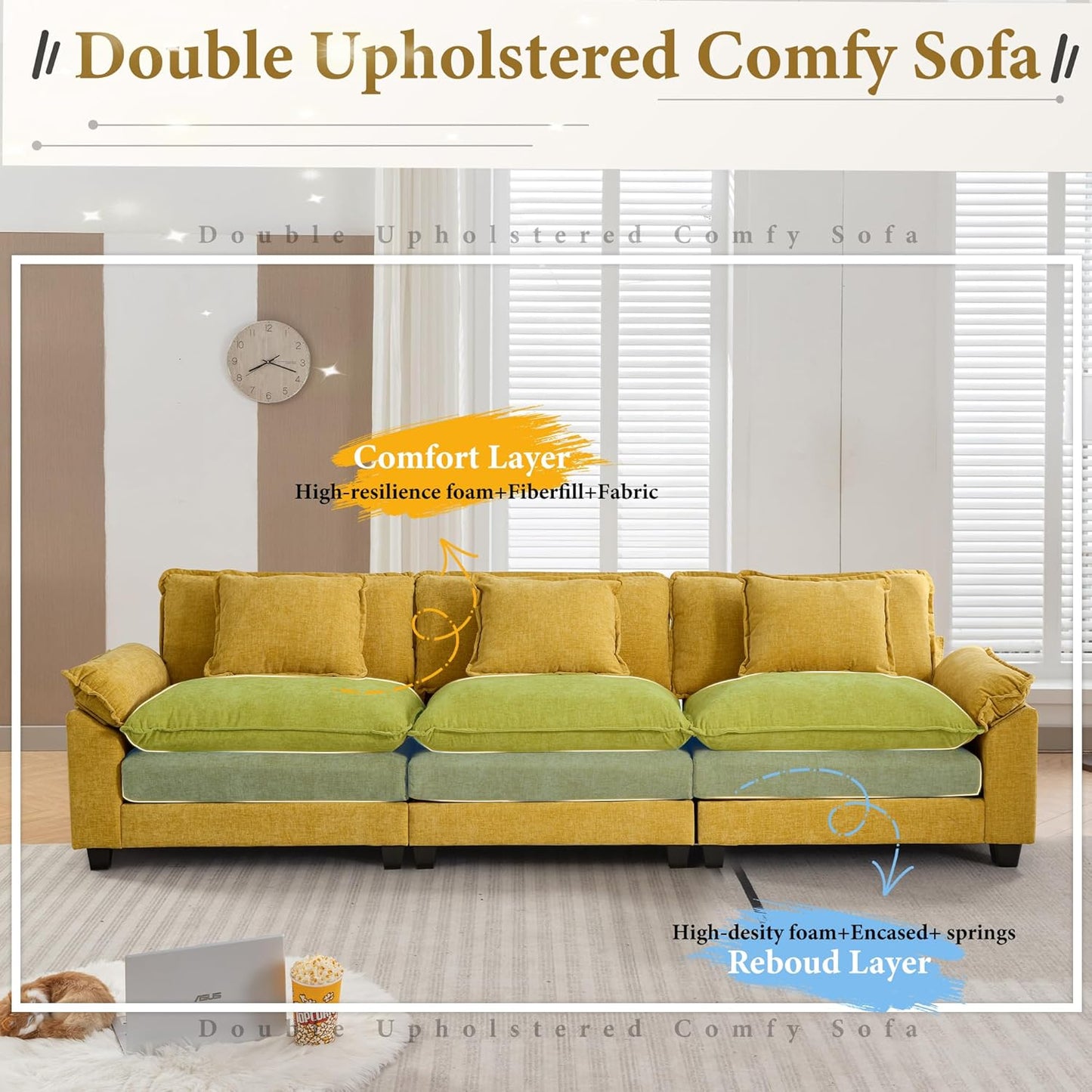URRED Modular Sectional Sofa Comfy Cloud Couch, Modern Chenille Sofa Sleeper Deep Seat Couches with Ottoman/Pillows for Living Room (Yellow, 117'')