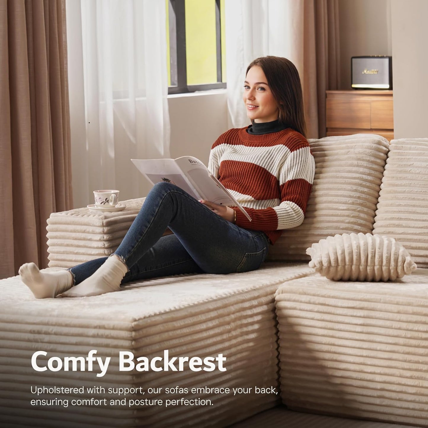 ovios Sectional Cloud Couch for Living Room, Modular Floor Sofa with Plush Corduroy, No Assembly Required, Big Comfy Couches Set with Fluffy Memory Foam, Stupendous U Shaped Sofas with Chaise, Grey