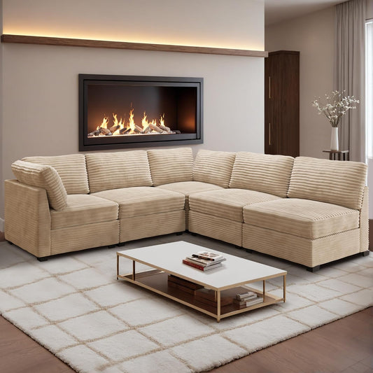 HOOOWOOO Modular Sectional Sofa,5 Pieces Sectional Couches for Living Room,98X98 L Shaped Cloud Couch Set(Beige Velvet Corduroy)