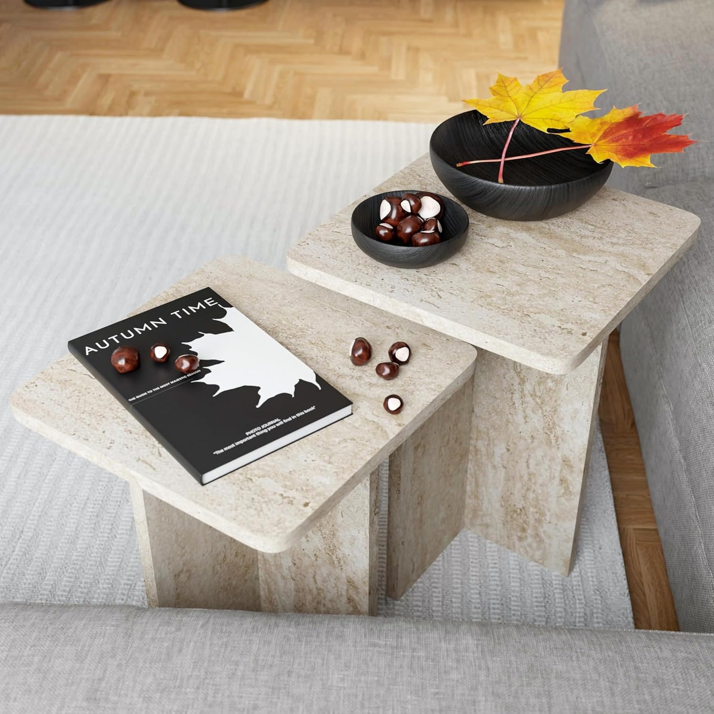 Travertine Efect Square Nesting Table Set of 2 Modern Coffee Table Small Side Table End Table for Living Room