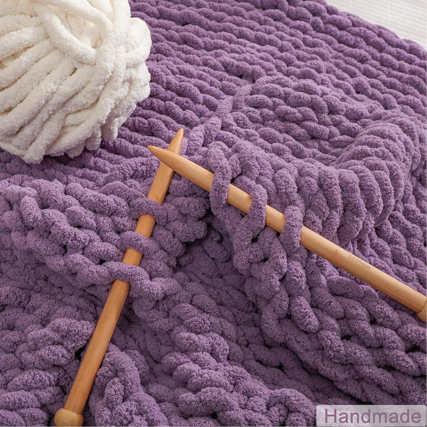 WESHIONGOO Chunky Knit Blanket Throw 40"×40" Knitted Throw Blankets for Couch Bed Fluffy Soft Blanket with Jumbo Chenille Yarn Thick 100% Handmade(Purple)