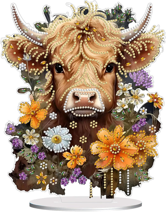 Diamond Painting Kits for Adults Beginners, 5D Full Drill Highland Cattle Crystal Art Desktop Ornament, DIY Single Sided Home Office Desk Decor, Creative Craft Gift Set with Tools
