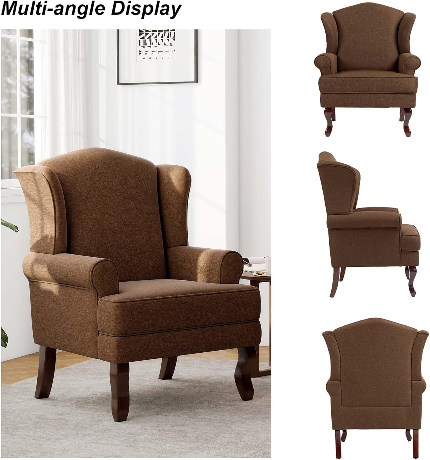 Accent Chair, High Back Upholstered Armchair with High Resilience Sponge & Wood Legs, Mid-Century Modern Comfy Single Sofa Reading Chairs for Living Room, Bedroom (Brown, Set of 1)