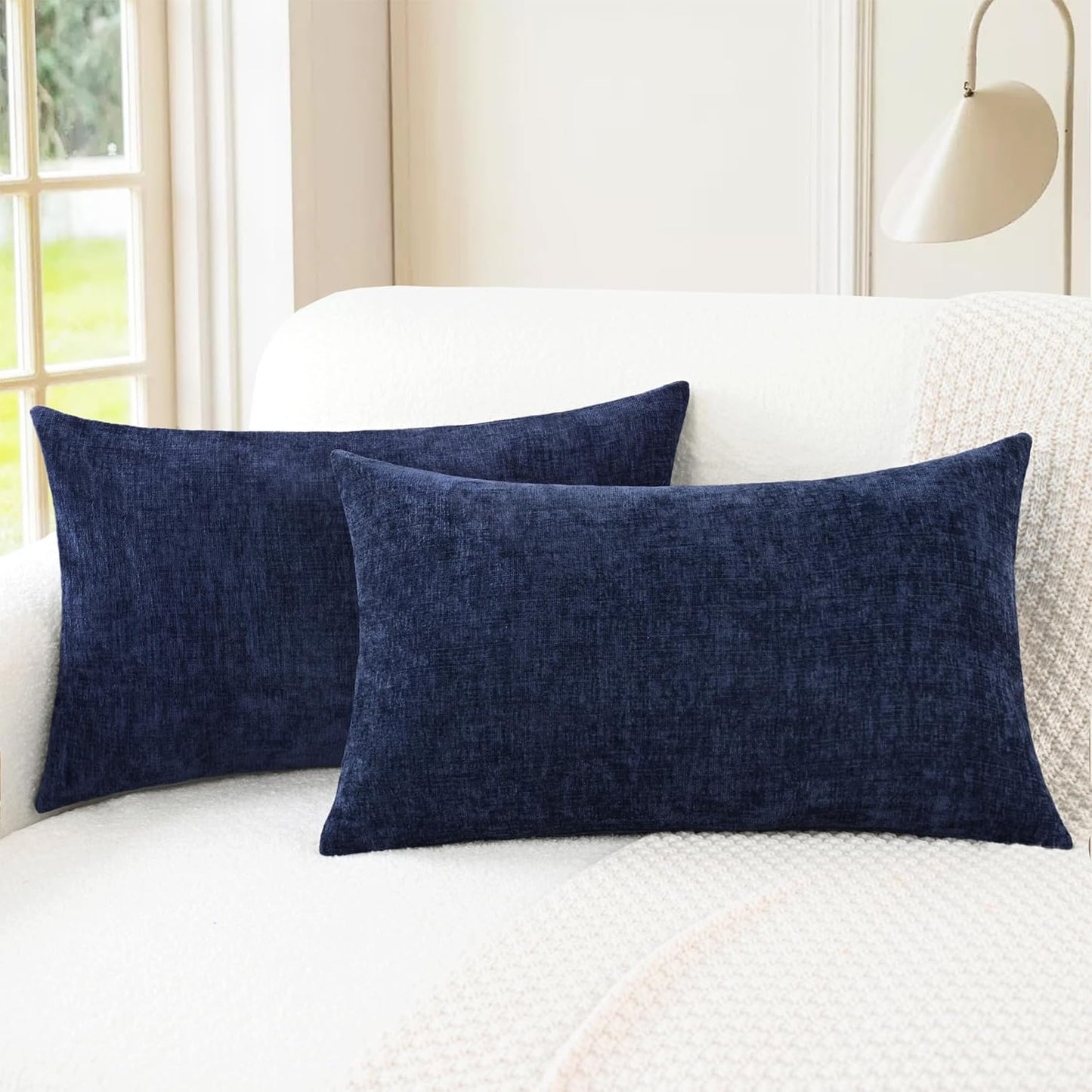 CaliTime Throw Pillow Covers Decorative 16 X 26 Inches Pack of 2 Cozy Chenille Cushion Cases for Couch Sofa Bed Living Room Home Navy Blue