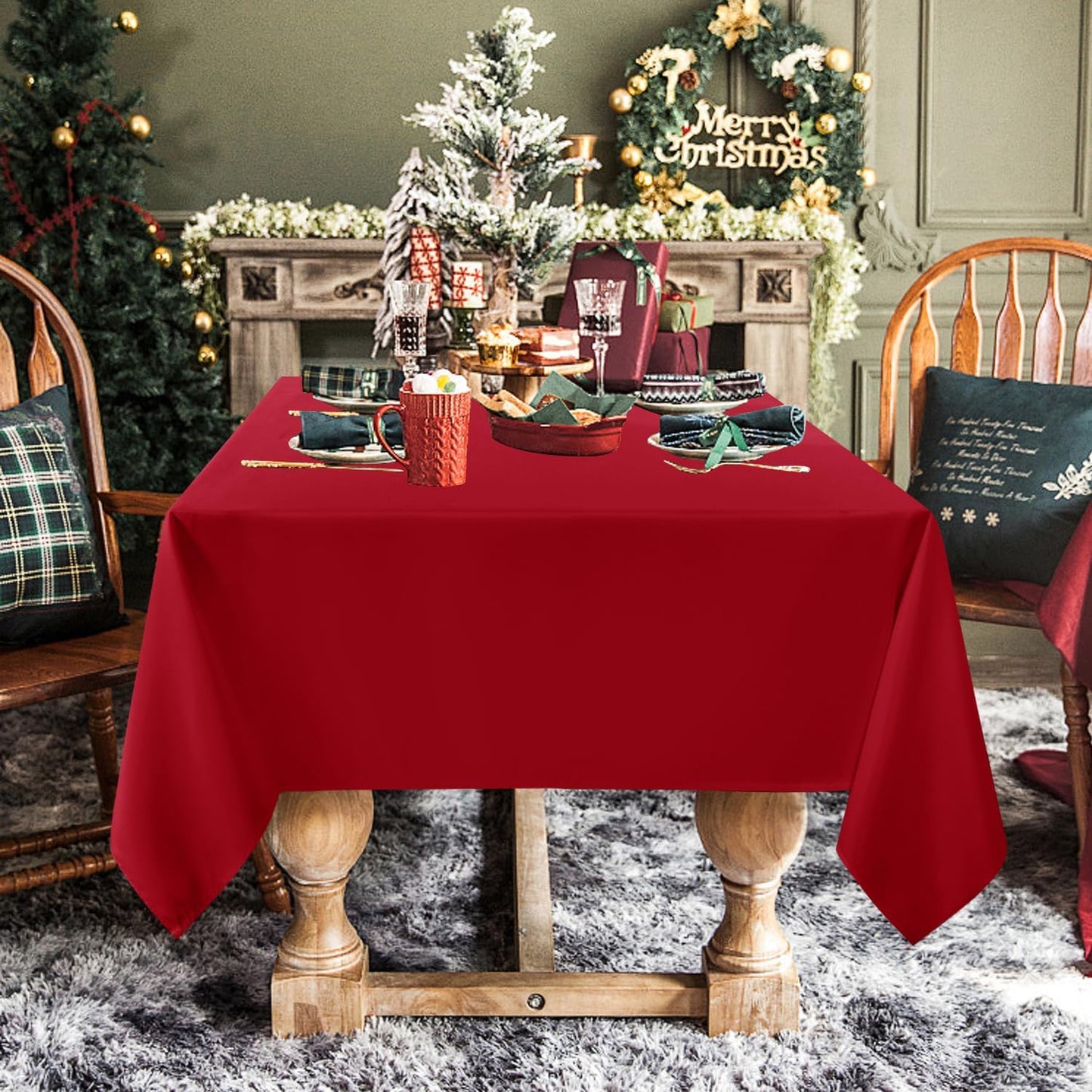 sancua Rectangle Tablecloth - 60 x 84 Inch - Stain and Wrinkle Resistant Washable Polyester Table Cloth, Decorative Fabric Table Cover for Dining Tables, Buffet Parties, Christmas Red