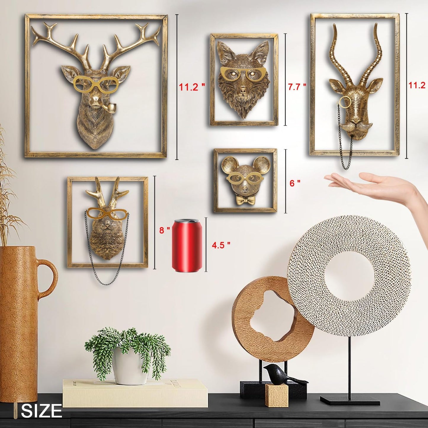 Animal Heads Wall Decor (Includes Metal Frame) Resin Animals Sculptures Head Wall Hanging Decoration Gold vintage Wall Sculpture for Living Room Bedroom Office(Jackalope)