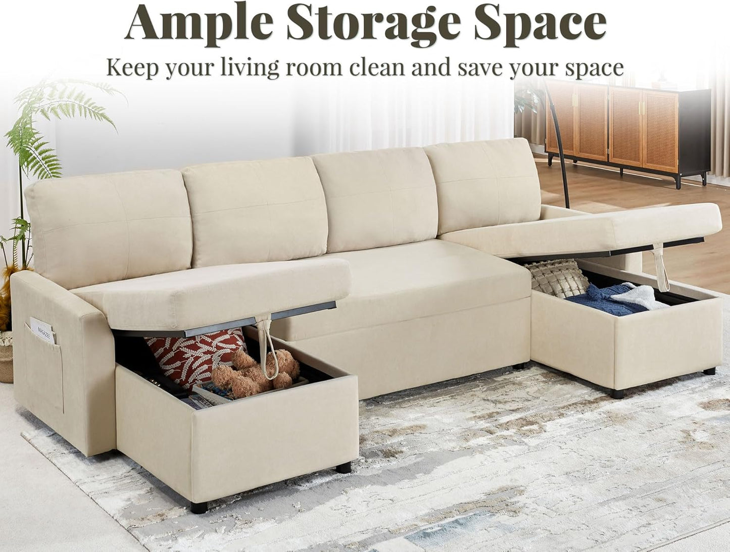 VanAcc Sleeper Sofa, 110 inch Oversize - 2 in 1 Pull Out Bed, Sectional Sleeper Sofa with Double Storage Chaise for Living Room, Beige Chenille Couch