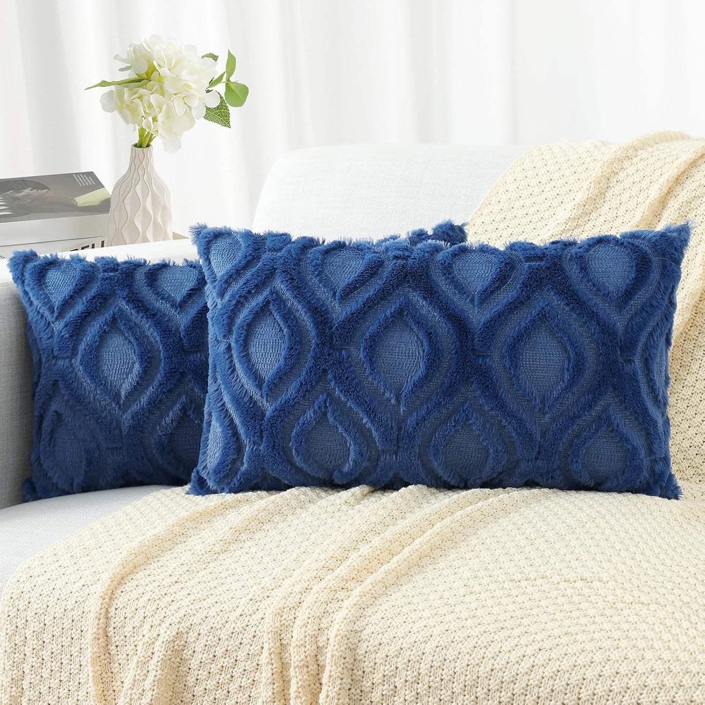decorUhome Fall Throw Pillow Covers 12x20 Inch Set of 2, Soft Plush Decorative Faux Fur Dark Blue Solid Couch Pillow Covers, Accent Farmhouse Neutral Lumbar Euro Pillow Cases for Sofa Bed Living Room