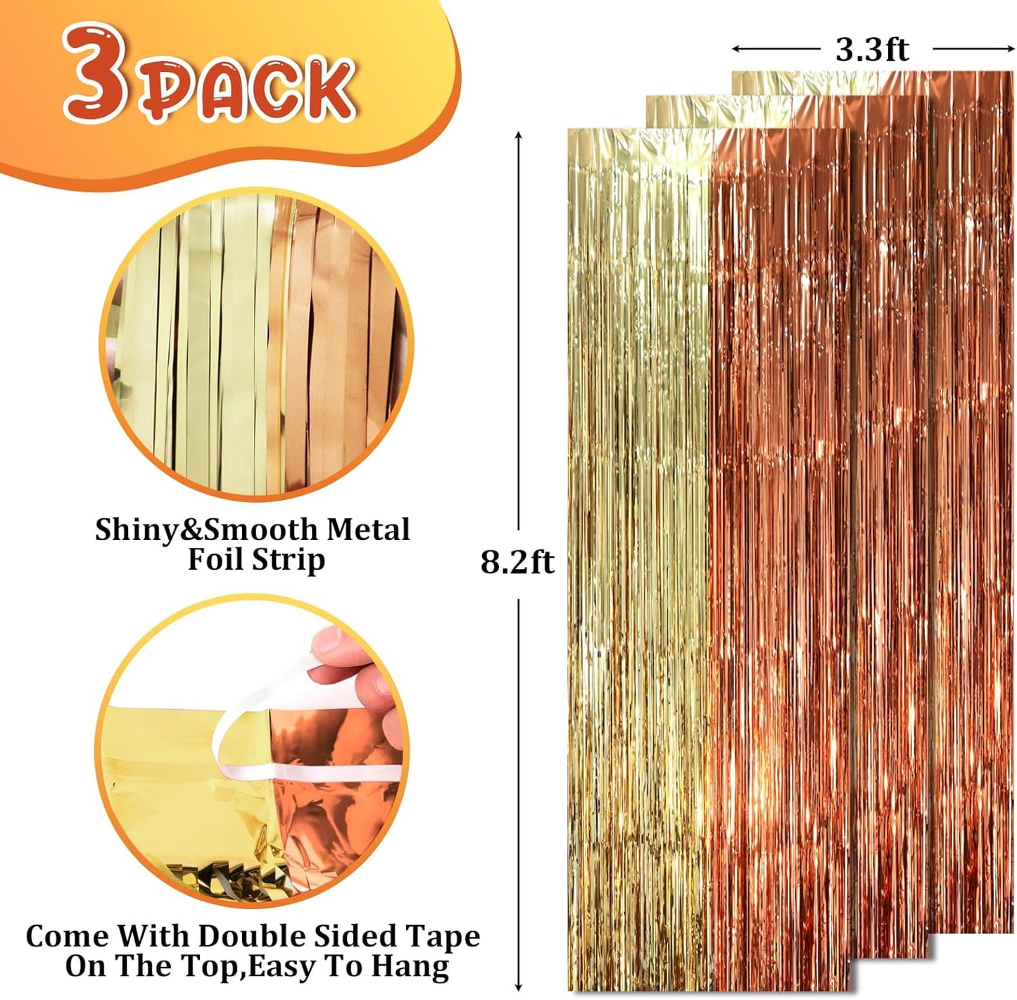 3 Pack 3.3 x 8.2 ft Rose and Champion Foil Fringe Backdrop Curtains, Tinsel Streamers Party Decorations, Fringe Backdrop, Door Shimmer for Anniversary or Birthday Party