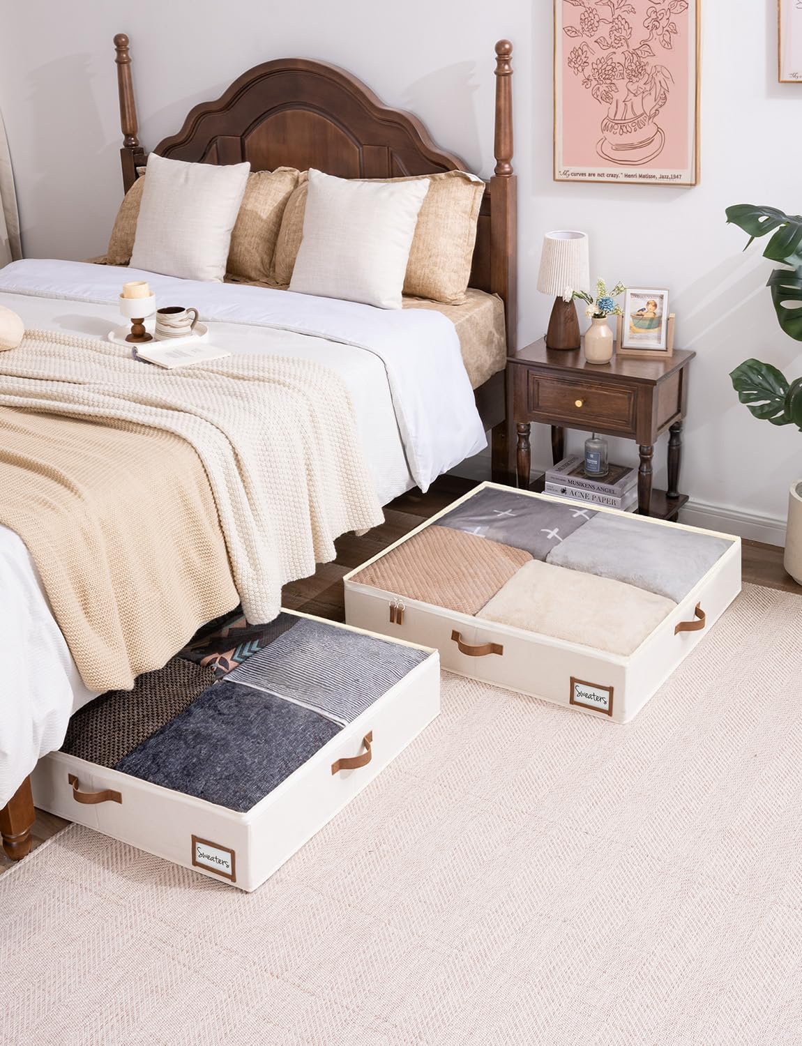 StorageWorks Underbed Storage Box, Under Bed Clothes Organizer With Sturdy Structure and Ultra Thick Fabric, Beige, 30" L x 28" W x 6" H, 2 pack
