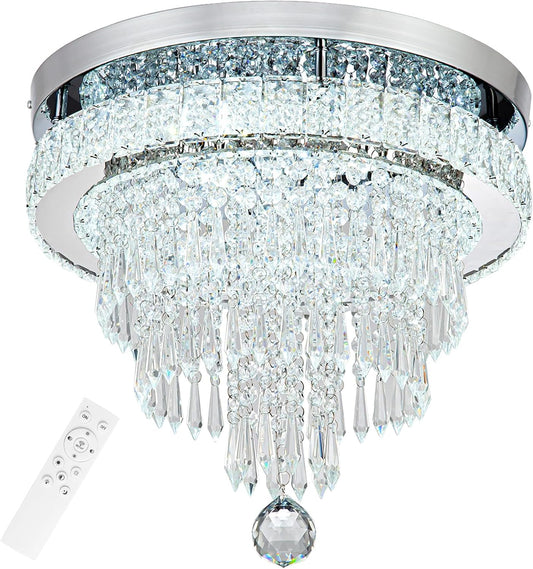 16“ Crystal Chandeliers Round Modern LED Chandelier Light Flush Mount Ceiling Light Fixtures with Remote Control for Bedroom Living Room Dining Room (dimmable)