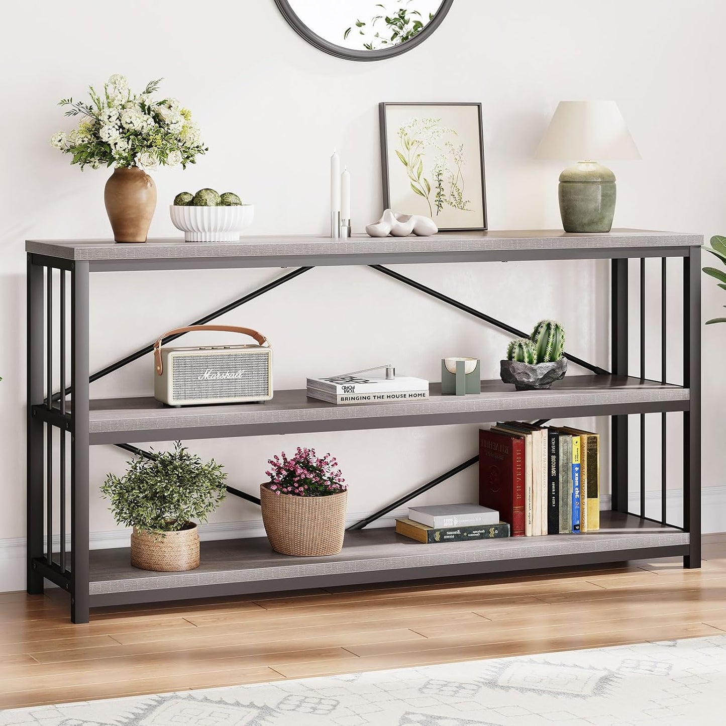 LVB Long Console Table with Storage, Farmhouse Rustic Skinny Entryway Table, Modern Wood Metal Hallway Sofa Table with Shelf, Industrial Narrow Couch Entry Table for Foyer Living Room, Light Grey, 63