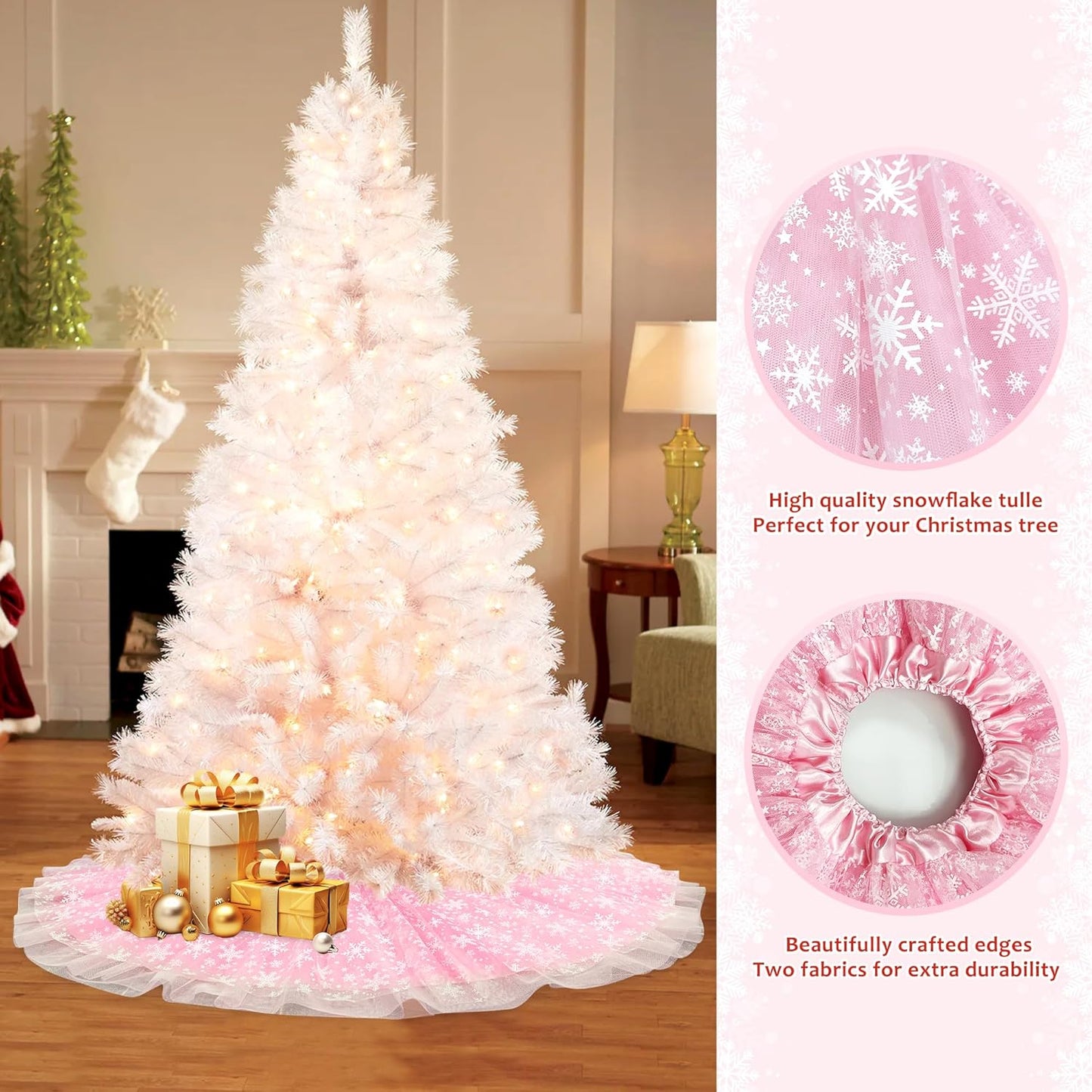 Christmas Wedding Tree Skirt, 4 Layer 45 in Snowflake Tulle Tree Decoration for Party Indoor, Fluffy Tree Cover Mat Ornament for Holiday, Pink