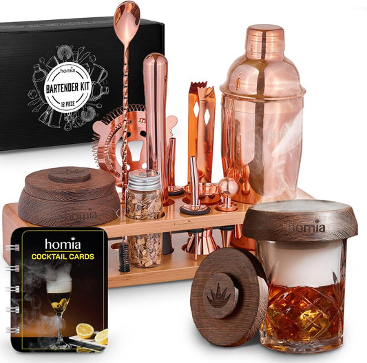 Bartender Kit with Whiskey Smoker - 13 pcs, Bamboo Stand - Bar Set with Cocktail Shaker, Bartending Kit with Essential Bar Accessory Tools, Wood Chips, Pink Gold
