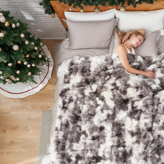 Cozy Bliss Faux Fur Throw Blanket for Couch, Fuzzy Soft Plush Thick Bubble Blanket for Sofa Bedroom Living Room, 90 * 90 Inches Tie Dye Taupe