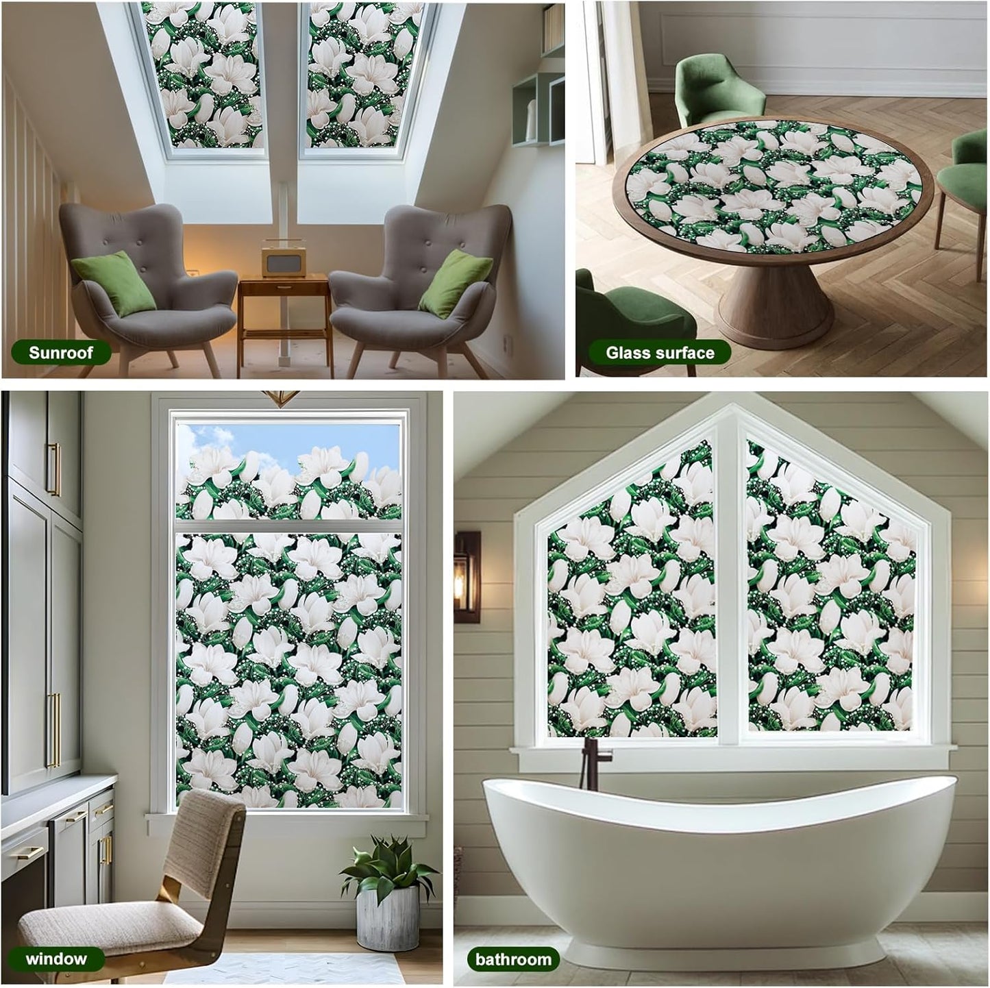 Window Privacy Film Stained Glass Decorative Static Clings Frosted Window Tint for Home Room Decor Bathroom Door Car Stickers with Glittering Effect, Removable(Magnolia Design)