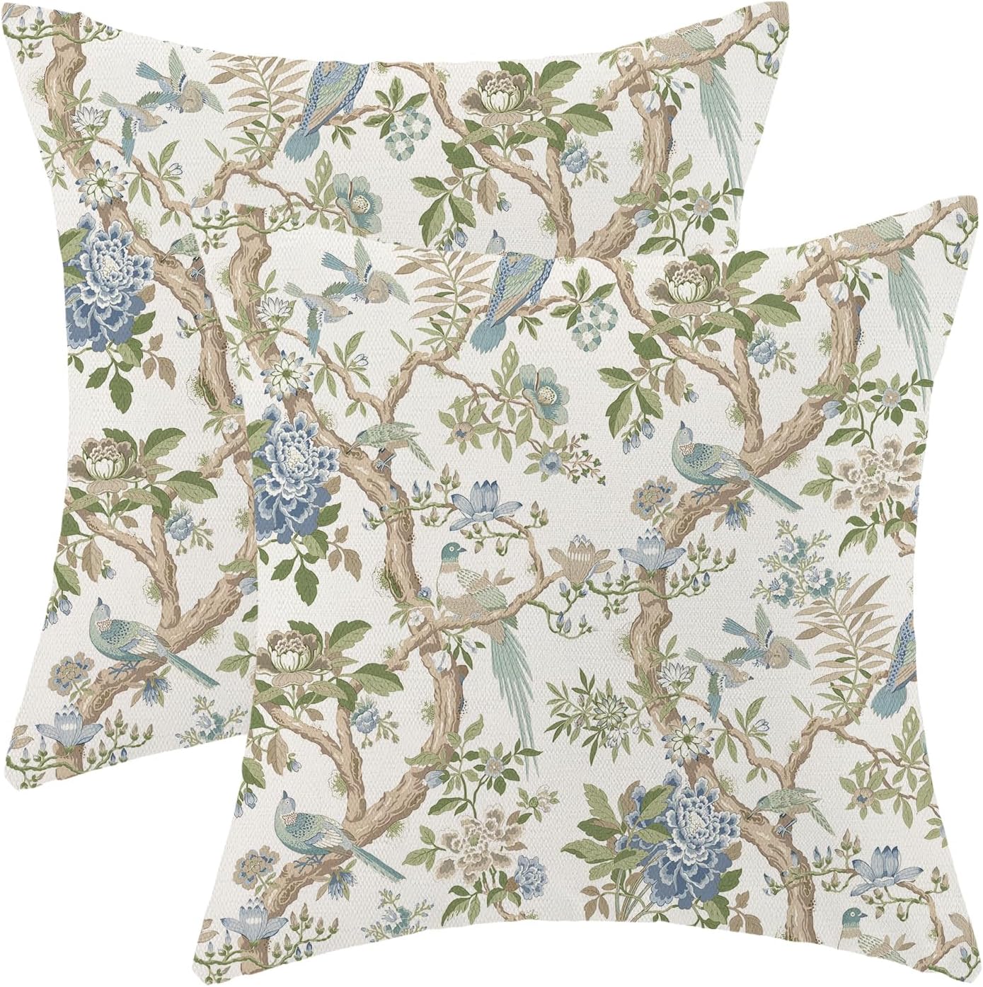 CXMEIFLY Chinoiserie Spring Pillow Covers 16 x 16 Inch Set of 2 for Blue Sage Green Vintage Flowers Bird Decor Throw Pillows Plant Farmhouse Outdoor Decorative Cushion Cases for Couch Bed Decorations