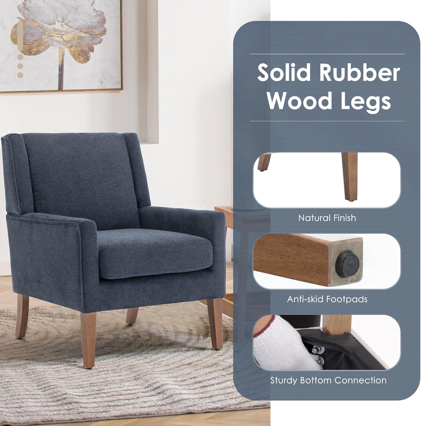 COLAMY Modern Wingback Living Room Chair, Upholstered Fabric Accent Armchair, Single Sofa Chair with Lounge Seat and Wood Legs for Bedroom/Office/Reading Spaces, Blue