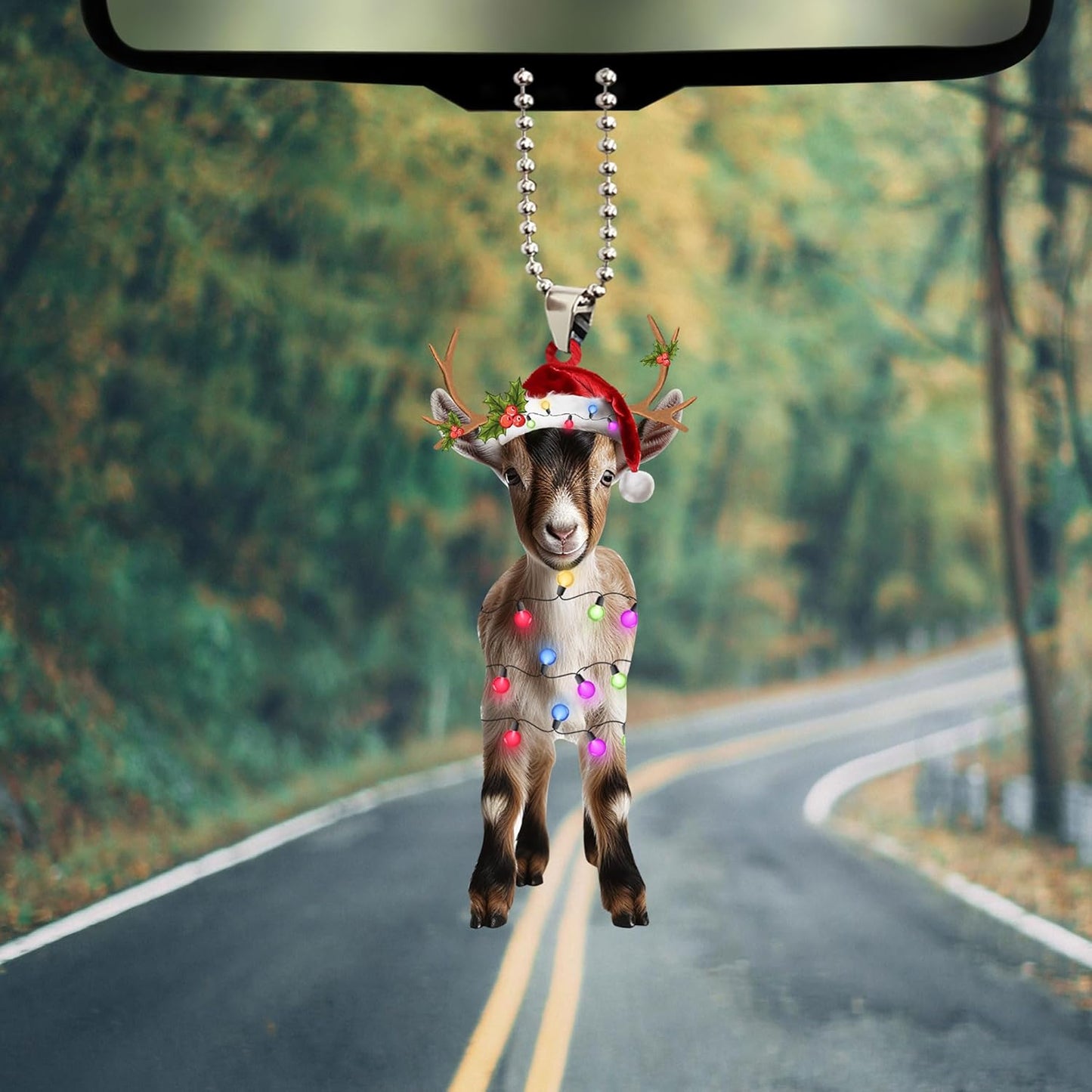 Talataca Goat 2D Flat Christmas Ornament, Goat Wearing Christmas Hat Reindeer with String Lights Pine Tree Decor, Hanging House Charm Eve Keepsake, Car Rear View Mirror Accessories, Xmas Gift