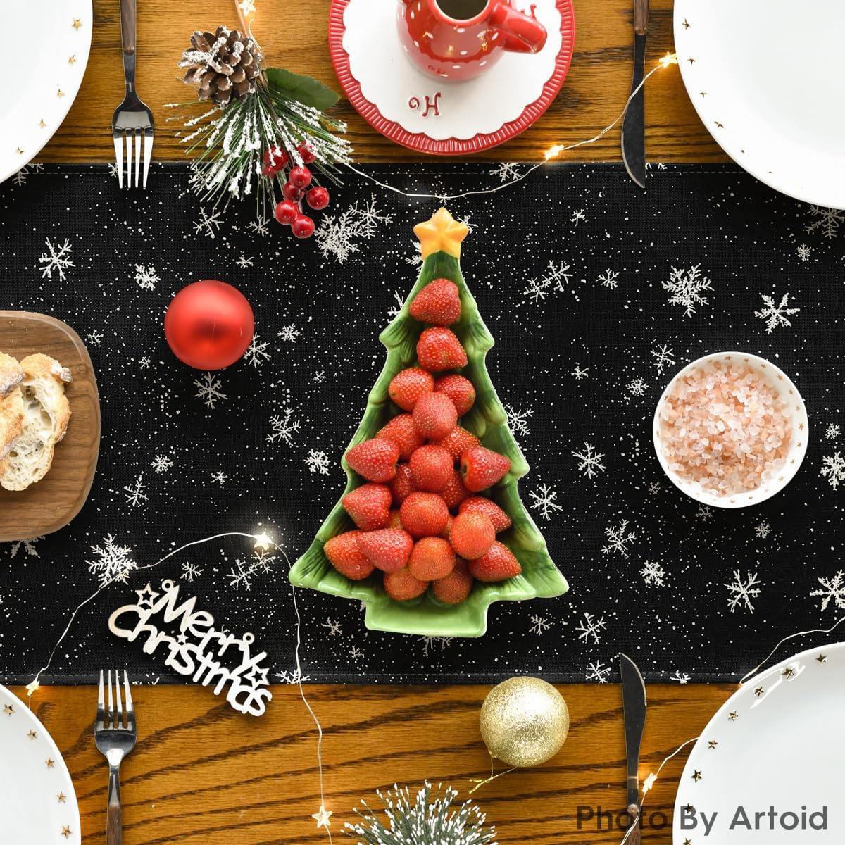 Artoid Mode Snowman Birds Trees Christmas Table Runner, Seasonal Black Winter Holiday Kitchen Dining Table Decoration for Home Party Decor 13 x 90 Inch