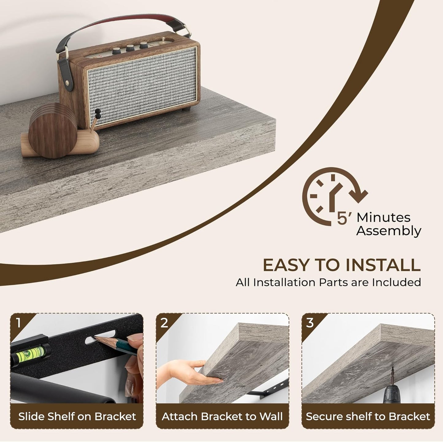 RICHFOCUS 40Inch Floating Shelves for Wall 2 Pack Shelves for Bedroom|Kitchen|Bathroom Wall Mounted Rustic Wood Floating Shelf with Invisible Brackets for Books|Storage|Decor, Grey