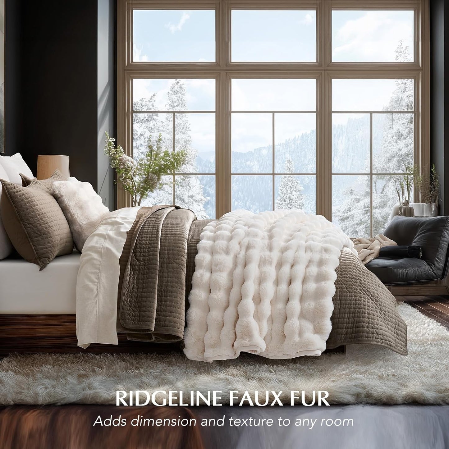 EVERGRACE Ultra Soft Luxury Fluffy Ridgeline Faux Rabbit Fur Throw Blanket, Thick Warm Bubble Throw for Bed, Cozy Plush Reversible Blankets for Couch, Chair, Sofa, Ivory White, 50x60 Inches, 870 GSM