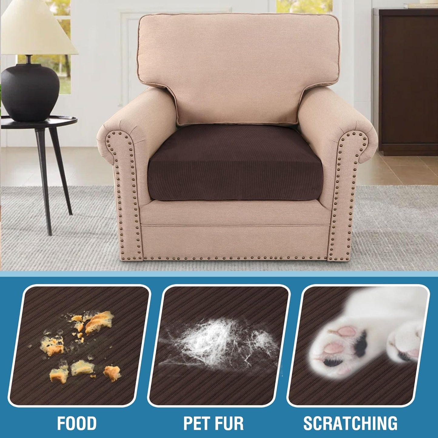 H.VERSAILTEX Velvet Stretch Couch Cushion Cover Plush Cushion Slipcover for Chair Cushion Furniture Protector Seat Cushion Sofa Cover (1 Piece Armchair Cushion Covers, Brown Striped)