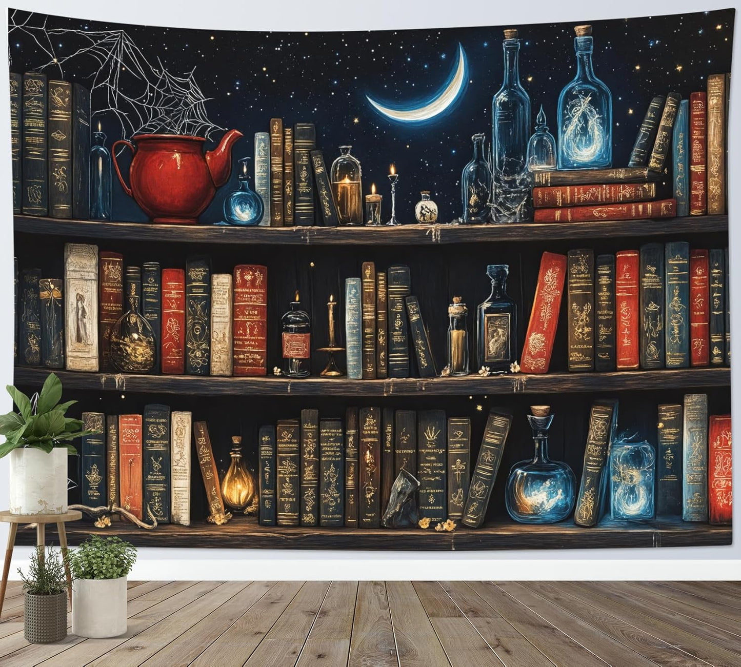 LB Fantasy Bookshelf Tapestry, Horror Spider and Vintage Book with Moon Wall Tapestry for Bedroom Aesthetic, Trippy Galaxy Wall Art for Living Room Dorm Home Decor Ready to Hanging, 59 x 51 Inches