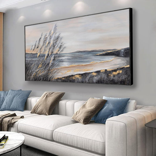 Yuaxker Ocean Wall Art Grey and Black Wall Decor Framed art Aesthetic Coastal Canvas Painting for Living Room Bedroom Dining Room Office Home Decor 24x48 Inch