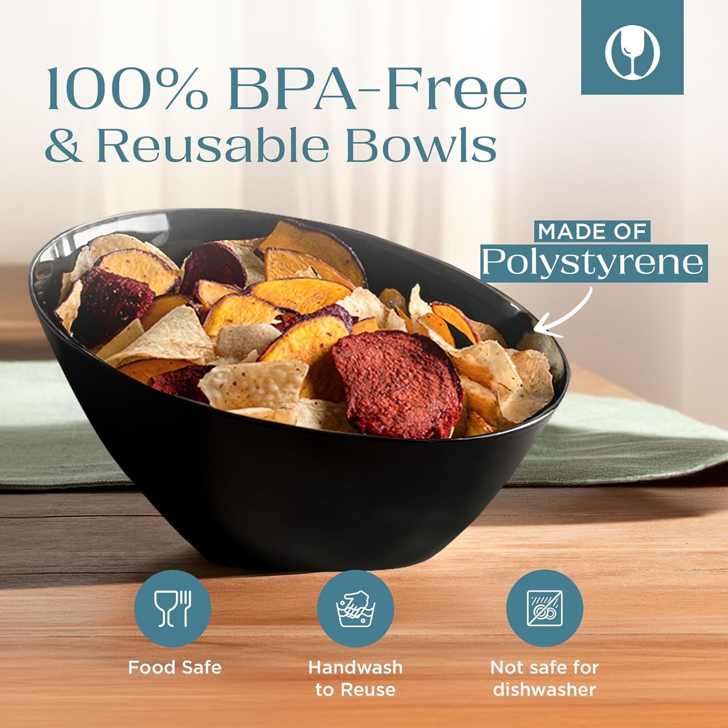 Posh Setting - Black Plastic Serving Bowls for Party - Angled, Disposable, Chip & Candy Bowls - 20 OZ, 5 Pack