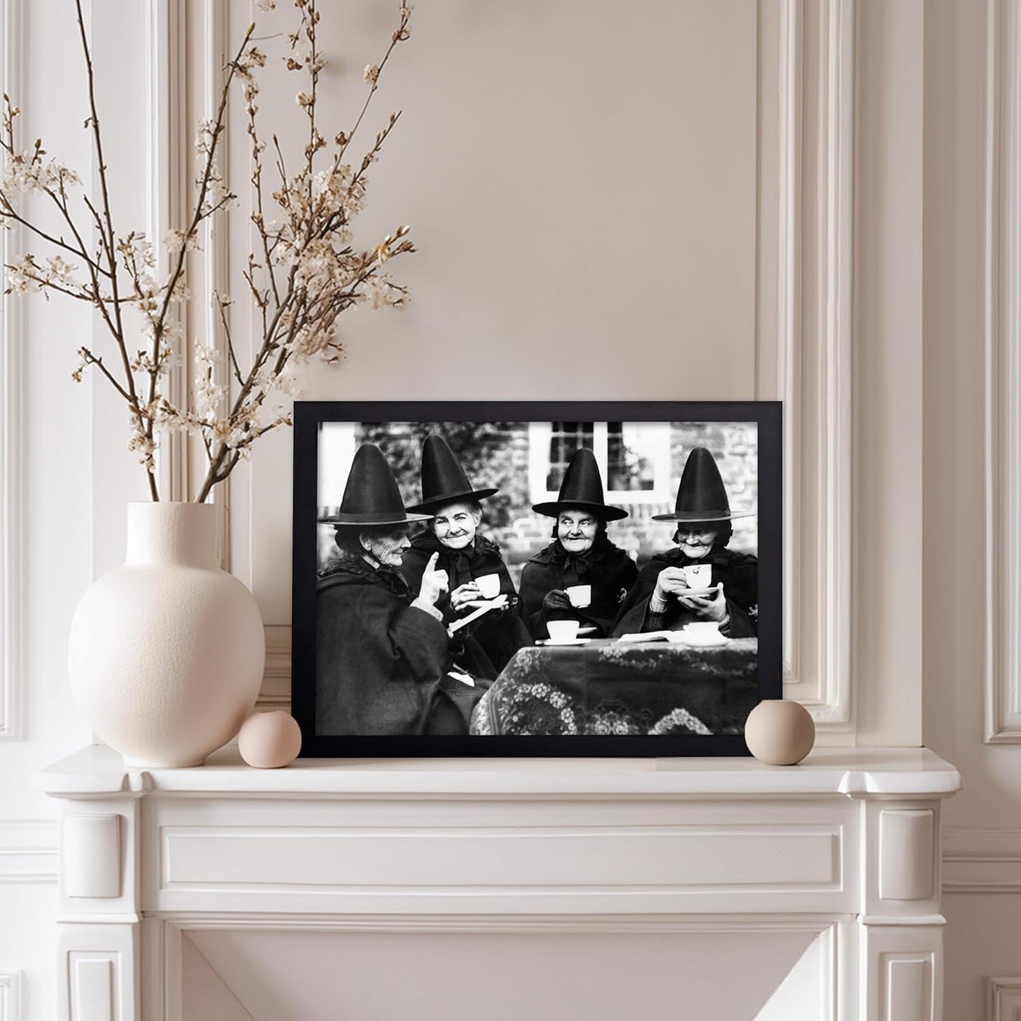 Poster Master Classic Photograph Poster - Vintage Halloween Print - Gift for Artist, Friend - Witches Tea Party, Old Women Smiling, Wearing Robes - Wall Decor for Living Room, 11x14 Black Framed