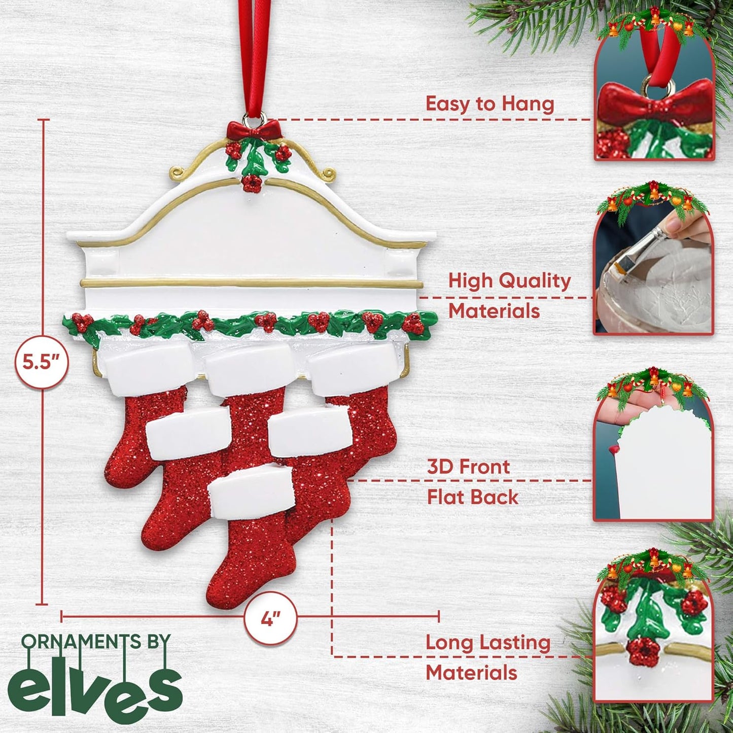 3D White Mantle Family of 6 Christmas Ornament 2025 Personalized Family Christmas Ornaments 2025 | Garland Fireplace Personalized Tree Ornaments Customizable Gifts Red Stockings of Six Ornament