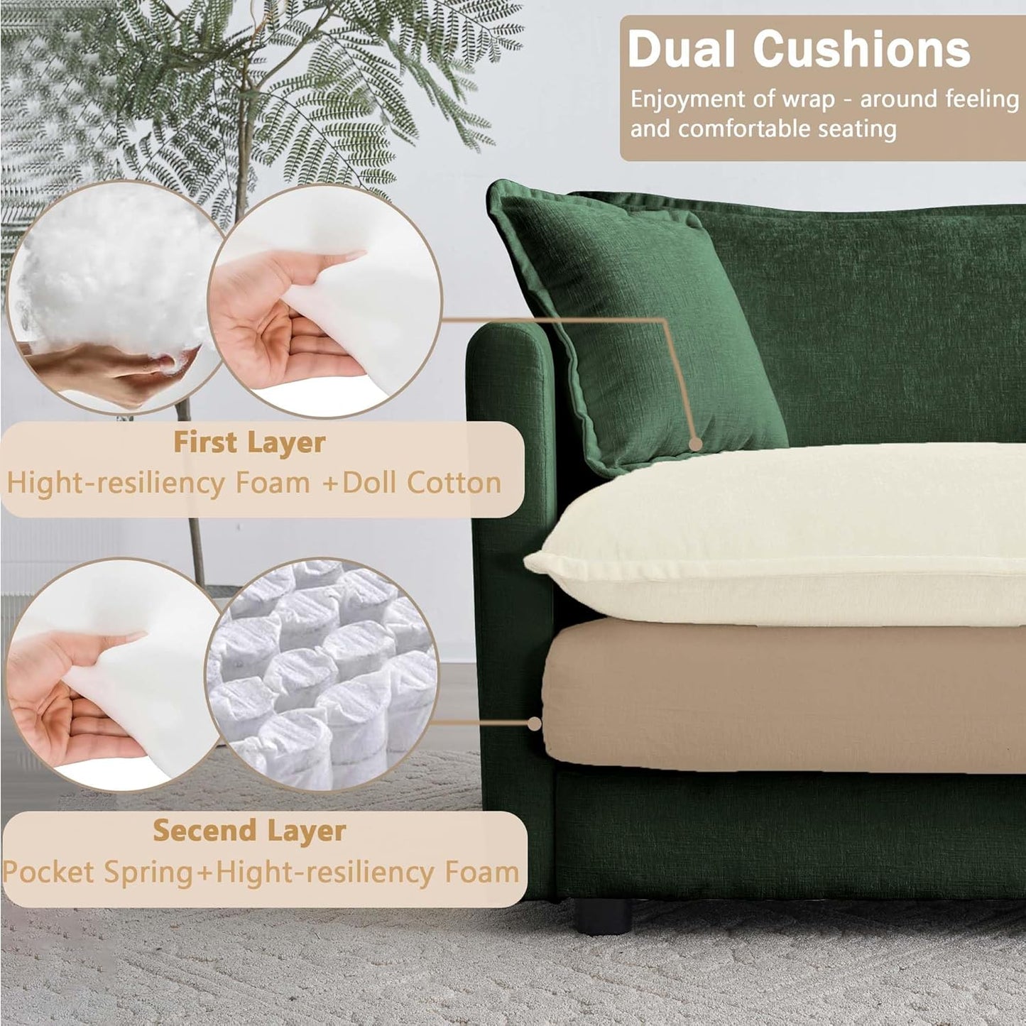 Sectional Sofa 4 Seater with Movable 2 Ottomans,Oversized Modular Couch Deep Seat (Green, 146.5 inch-U)