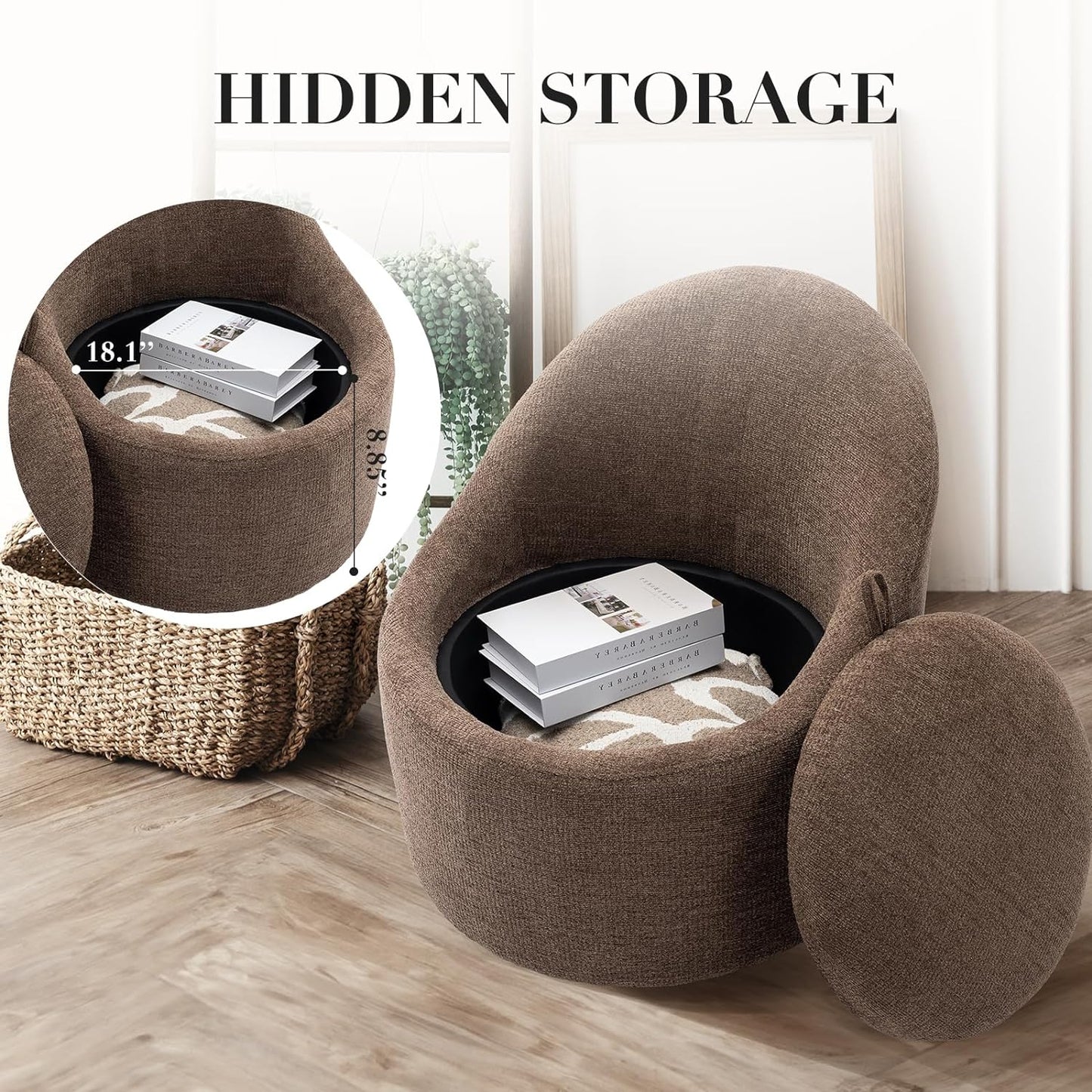 COLAMY Swivel Accent Chair Set of 2, 360° Swivel Round Chair with Hidden Storage, Modern Small Barrel Armchair for Living Room/Bedroom, Brown