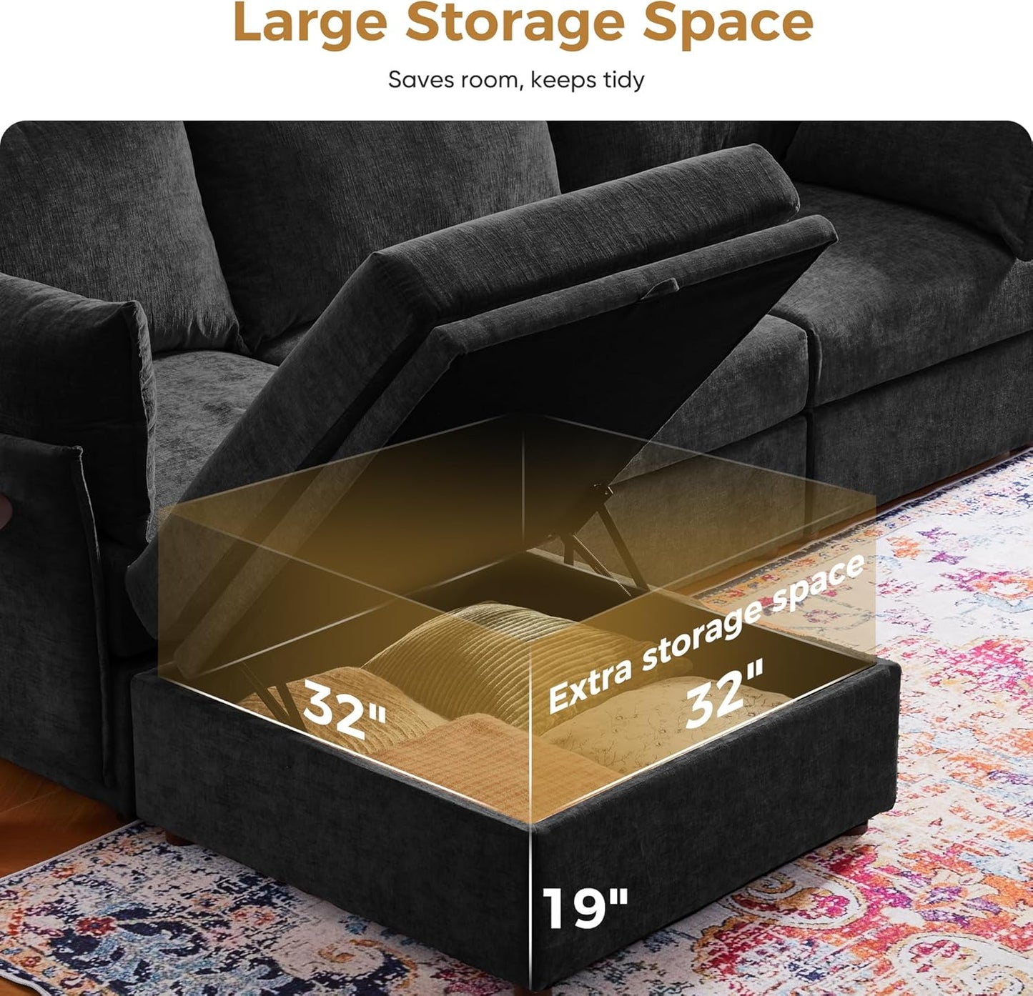 166.6" Oversized Modular Sectional Sofa, U Shaped Convertible Couch with Movable Ottoman, Large 8 Seat Corner Couches for Living Room Deep Seat Black Chenille