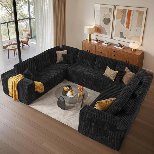 Cloud Sectional Couches for Living Room,U Shaped Modular Sofas No Assembly,135x107 Inches Plush Corduroy Oversized Floor Couch Set with Deep Seat Chaise,Black