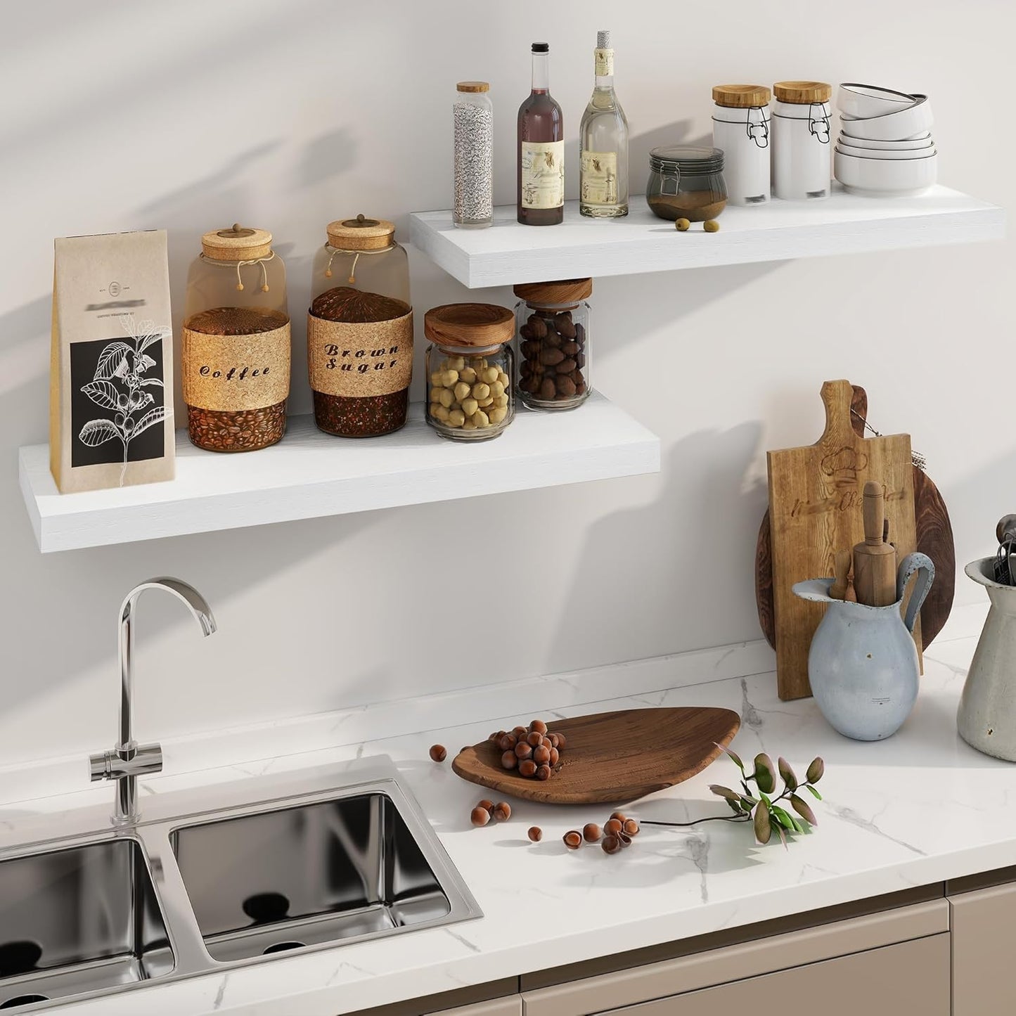 Fun Memories White Floating Shelves 36 Inch Long, 8 Inch Deep Floating Shelf for Wall, 36" W x 8" D Floating Shelves Set of 2, White Deep Wall Shelves for Bedroom, Living Room, Kitchen