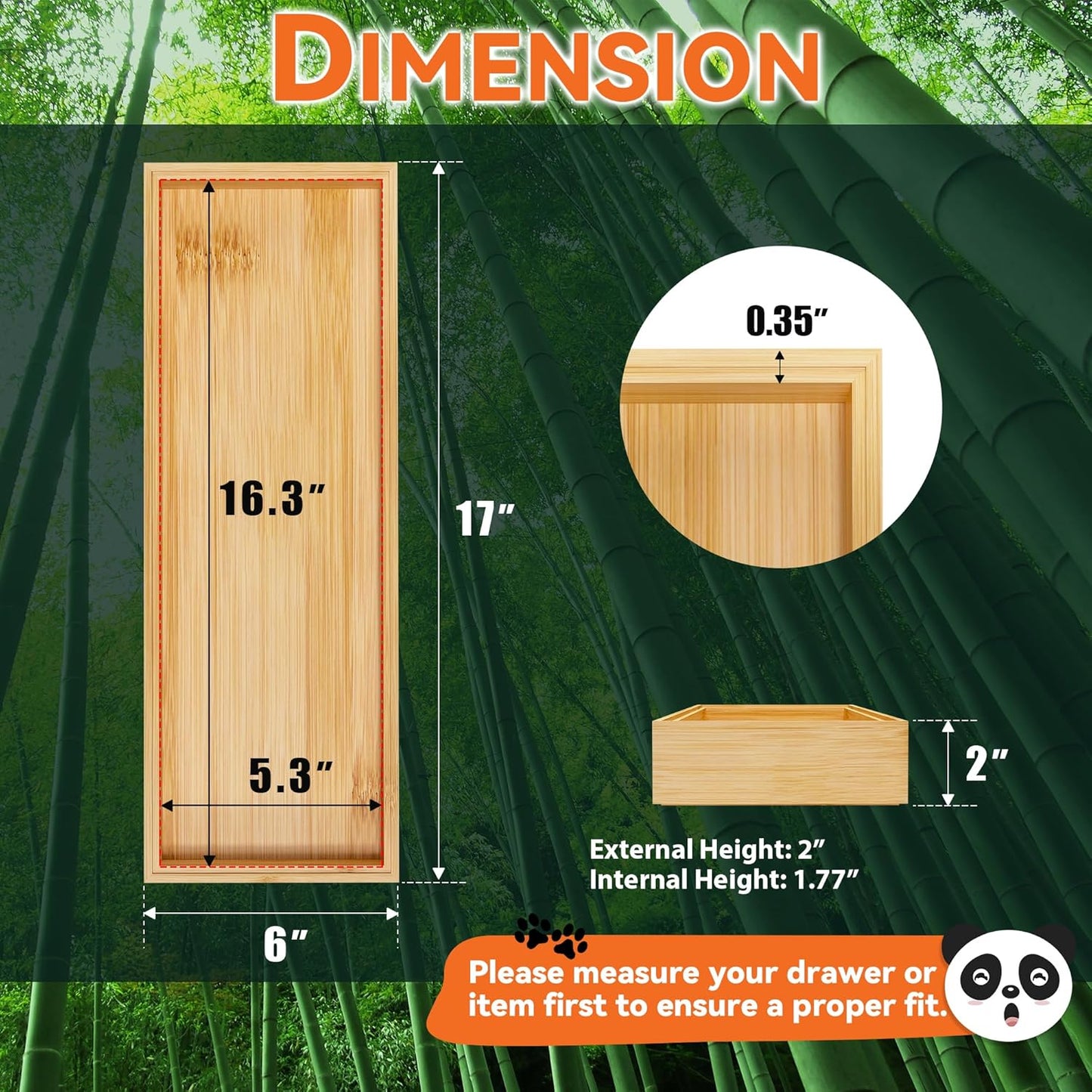 Bamboo Drawer Organizer for Kitchen & Bath, Extra Large Stackable Tray for Silverware, Toiletries & Utensils, 2 Pcs, 17" x 6" x 2" (Outer), 16.3" x 5.3" x 1.77" (Inner)