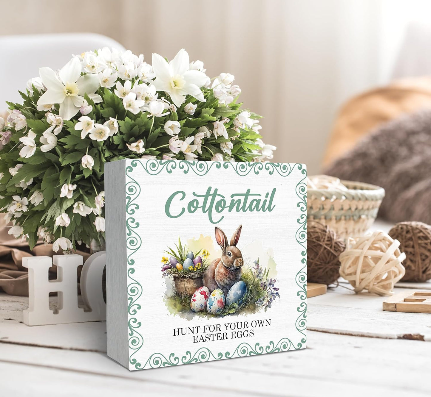 SRADMO Easter Wooden Block Decorative Sign, 5x5 inches, Wood, Tabletop Mount, Multicolor, Easter Theme, Rustic Style, Pre-Printed Text: Cottontail