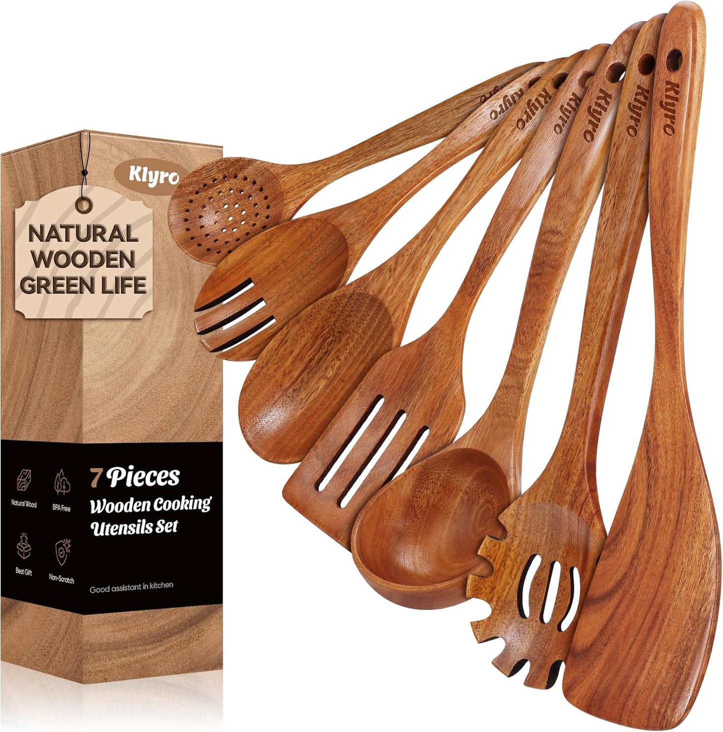 Kitchen Utensils Set, 7 Piece Premium Cooking Utensils Set, Durable Non-Stick Wooden Spoons for Cooking, Kitchen Essentials for New Home