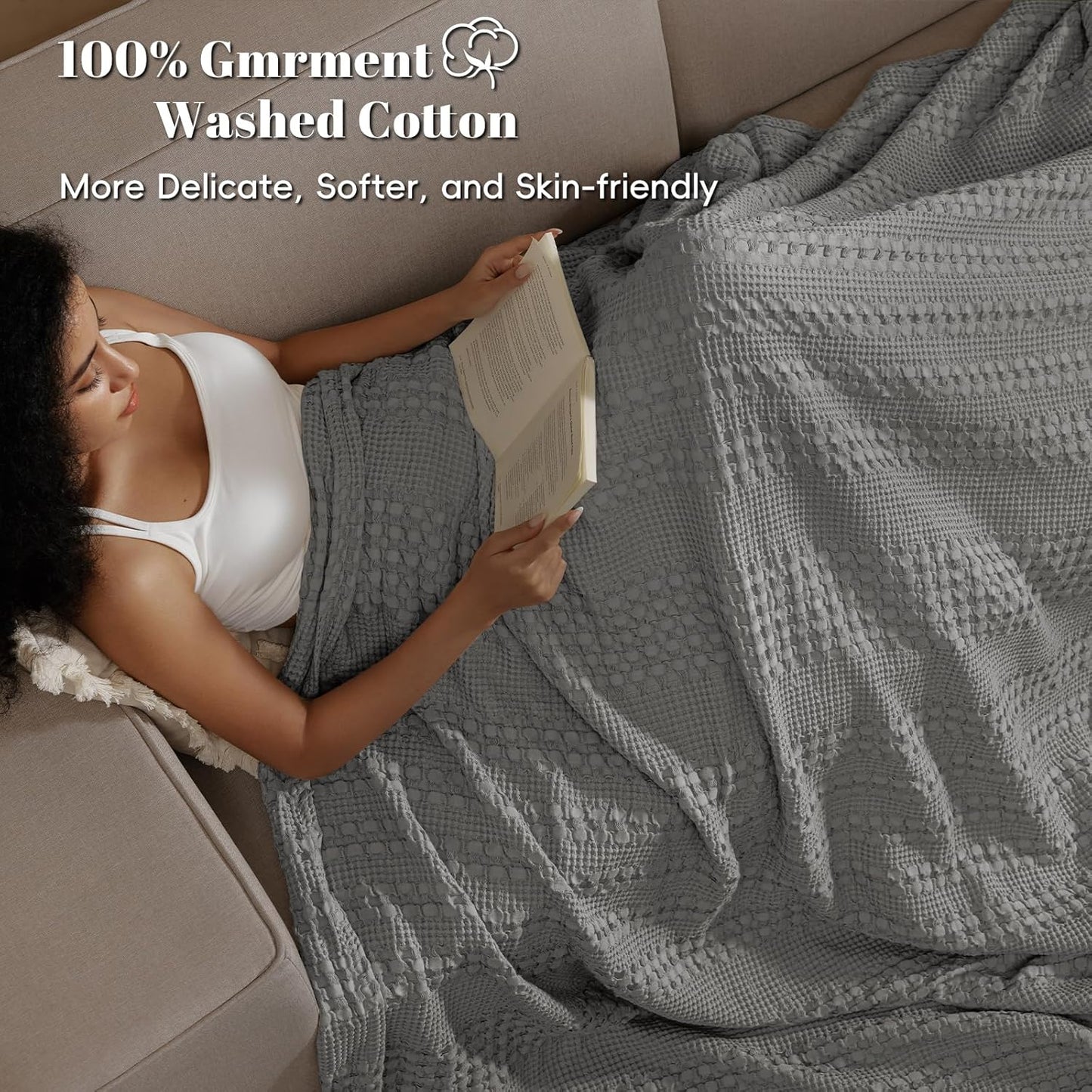 PHF 100% Cotton Waffle Weave Blanket Twin Size, Soft Lightweight Breathable Cozy Summer Blankets for Bed, Luxury Aesthetic Woven Bedding for Home Decor, 66"x90", Dark Grey