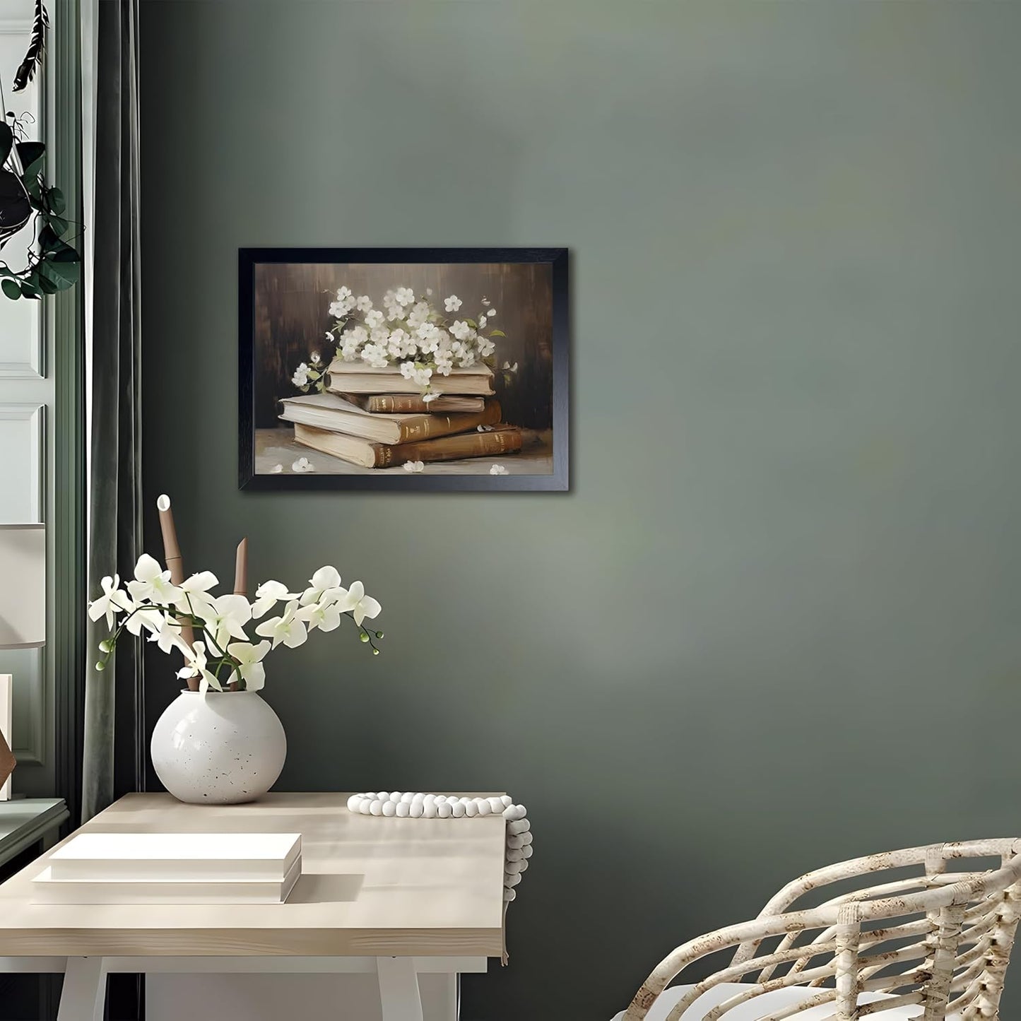 Wood Framed Canvas Poster Print Wall Art, Vintage Floral Book Wall Decor Oil Painting, Dark Academia Room Aesthetics Picture for Bathroom Classroom Dormitory room Decor 12x16 inch