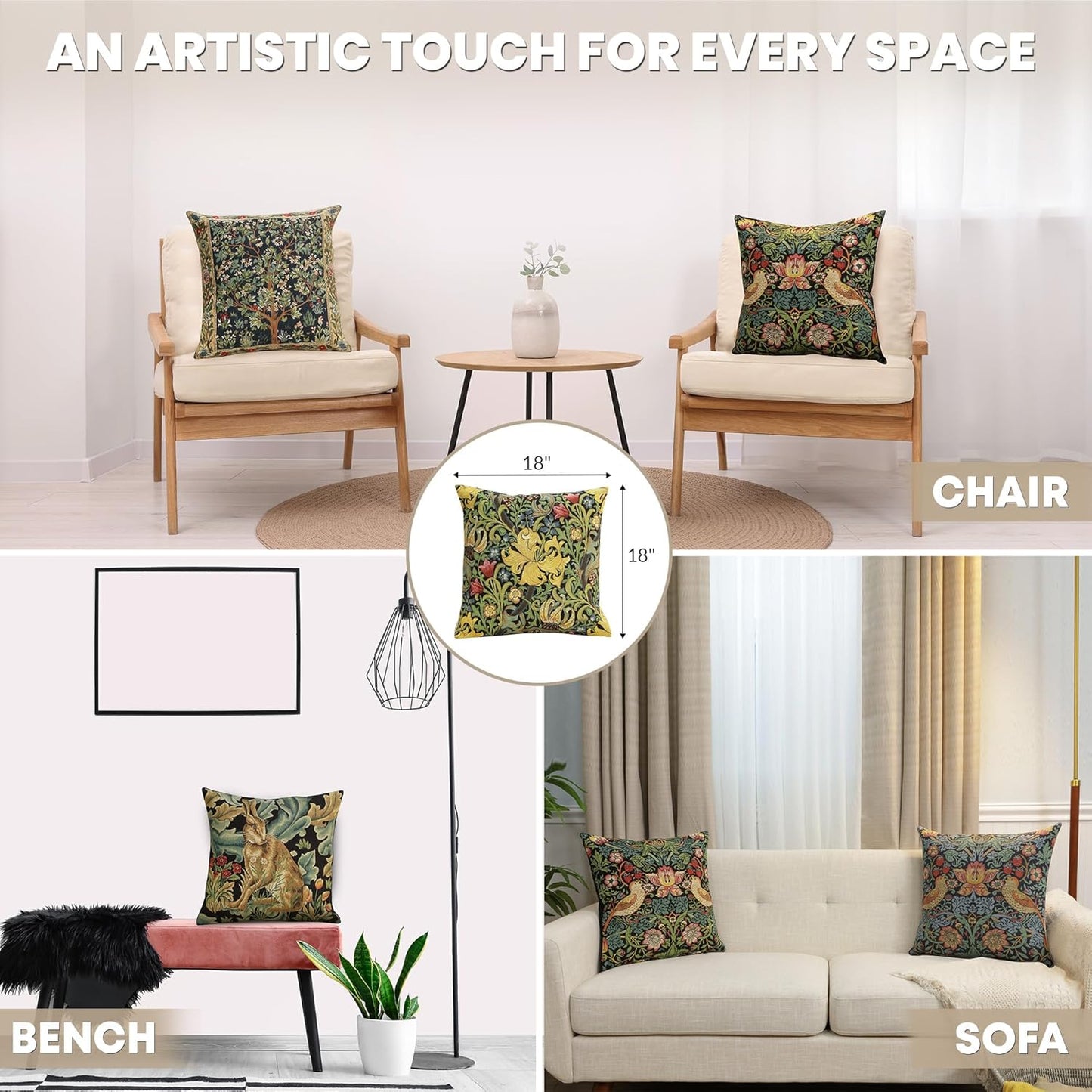 Charlotte Home Furnishings Throw Pillow Covers, Decorative Boho Pillow Cover for Couch, Living Room, Golden Lily Black Square Cushion Cases 18x18 in, European Cotton Jacquard Woven, Cozy Bedroom Decor