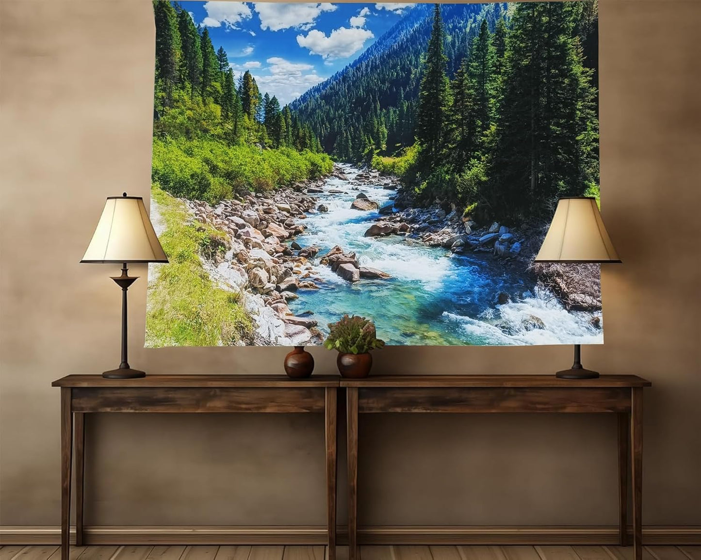 Nature Forest Mountain Tapestry Green Pine Tree Stream Tapestry White Clouds Flowing River Valley Landscape Scenery Tapestries Wall Hanging for Bedroom Dorm Living Room Office Classroom 47 x 35 Inch