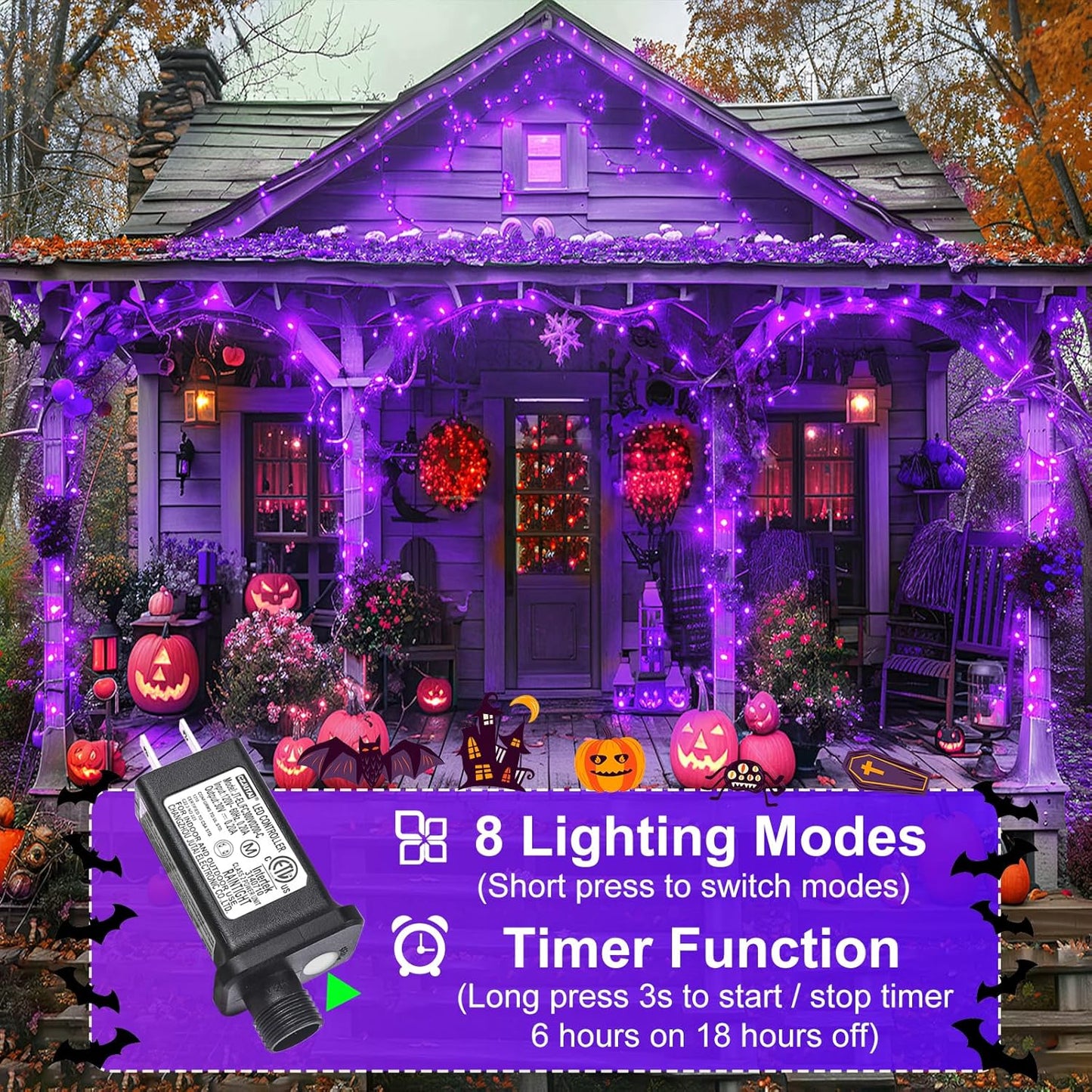 Purple Halloween Lights, 66FT 200 LED Halloween Lights Outdoor with 8 Modes Waterproof, Connectable String Light Indoor Green Wire for Tree Garden Patio Party Holiday Decorations